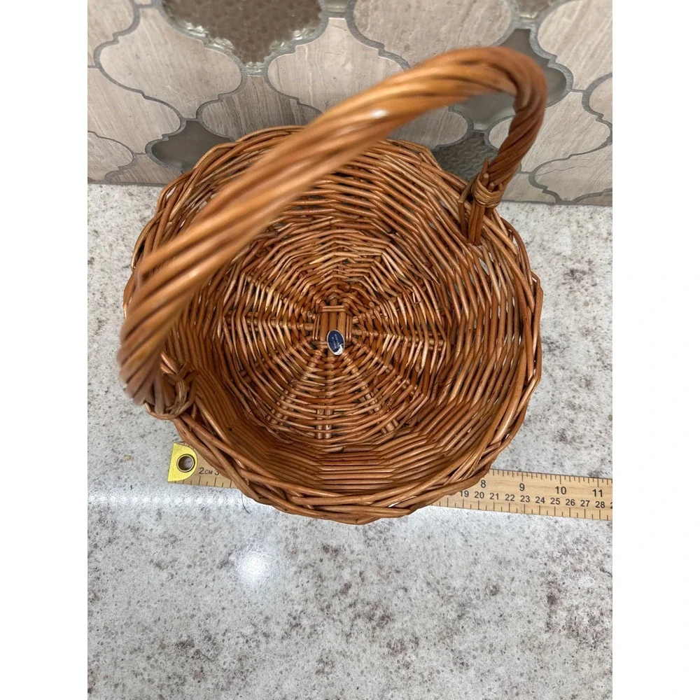 Vintage Yugoslavia Woven Wicker Basket Round Small Brown Wood Handle 7.5 Inch
